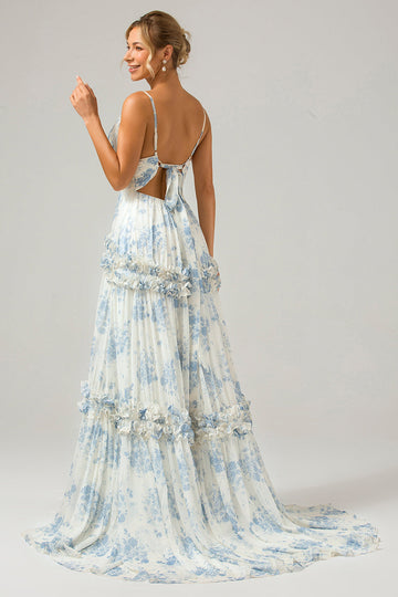 Hvid blå blomst A Line lang tyl brudepigekjole med flæser